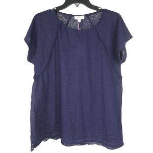 Umgee Linen Blend Back Lace Detail Round Neck Short Sleeve Top with Ruffle Hem S